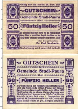 Банкнота 50 геллеров Австрии 1920 года Штадль-Паура