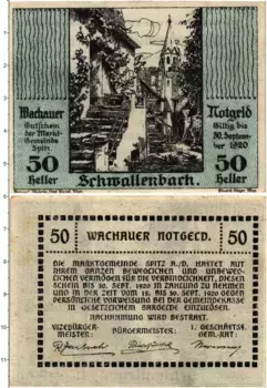 Банкнота 50 геллеров Австрии 1920 года Швалленбах-на-Дунае