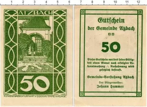 Банкнота 50 геллеров Австрии 1920 года Уцнах