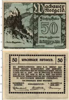 Банкнота 50 геллеров Австрии 1920 года Вахау земля Нижняя Австрия