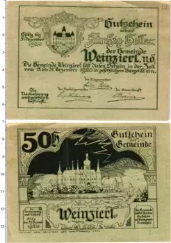Банкнота 50 геллеров Австрии 1920 года Вайнцирль бай Визельбург