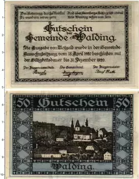 Банкнота 50 геллеров Австрии 1920 года Вальдинг (Верхняя Австрия)