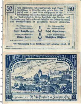 Банкнота 50 геллеров Австрии 1920 года Вейссенбах