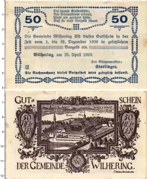 Банкнота 50 геллеров Австрии 1920 года Вилхеринг