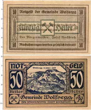 Банкнота 50 геллеров Австрии 1920 года Вольфсегг