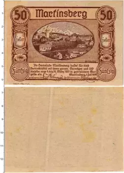 Банкнота 50 геллеров Австрии 1921 года Мартинсберг