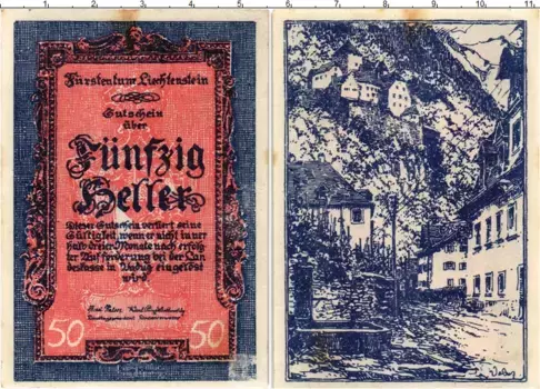 Банкнота 50 хеллеров Лихтенштейна 1920 года