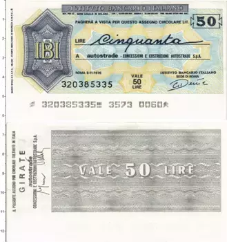 Банкнота 50 лир Италии 1976 года Банковский чек
