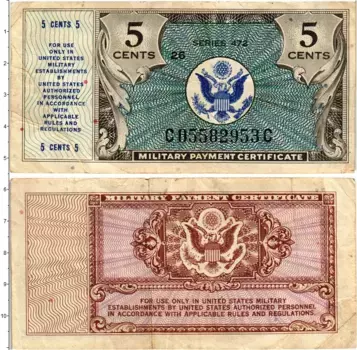 Банкнота 5 центов Америки 1948 года Военный платежный сертификат
