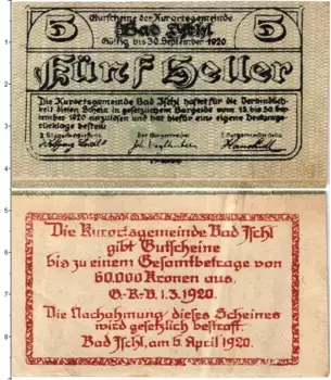 Банкнота 5 геллеров Австрии 1920 года Бад-Ишль