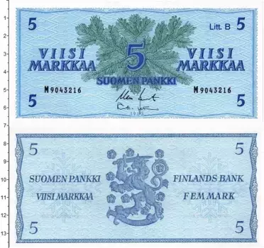 Банкнота 5 марок Финляндии 1963 года