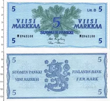 Банкнота 5 марок Финляндии 1963 года