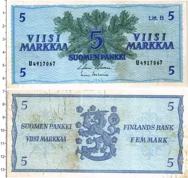 Банкнота 5 марок Финляндии 1963 года