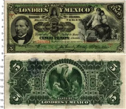 Банкнота 5 песо Мексики 1913 года Londres el banco