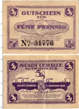 Банкнота 5 пфеннигов Германия : Нотгельды 1921 года Ганновер Нижняя Саксония