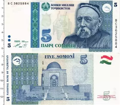 Банкнота 5 сомони Таджикистана 1999 года Садриддин Айни