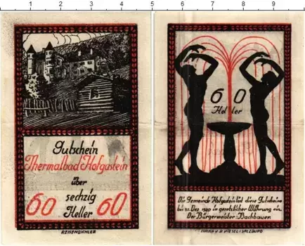 Банкнота 60 геллеров Австрии 1920 года Бад-Хофгастайн
