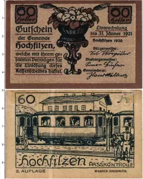Банкнота 60 геллеров Австрии 1920 года Хохфильцен