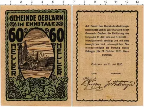 Банкнота 60 геллеров Австрии 1920 года Эбларн-им-Энсталь