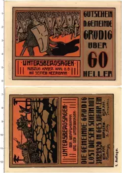 Банкнота 60 хеллеров Австрии 1920 года Грёдиг