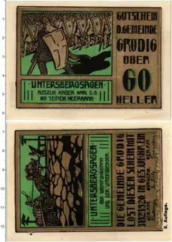 Банкнота 60 хеллеров Австрии 1920 года Грёдиг