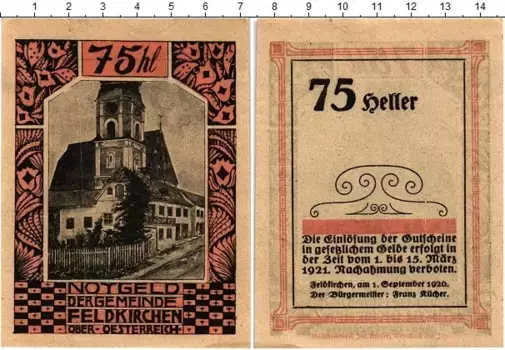 Банкнота 75 геллеров Австрии 1920 года Фельдкирхен