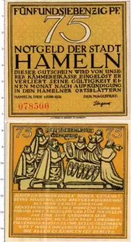 Банкнота 75 пфеннигов Германия : Нотгельды 1921 года Хамелн