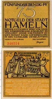 Банкнота 75 пфеннигов Германия : Нотгельды 1921 года Хамельн