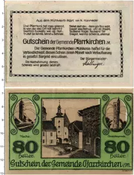 Банкнота 80 геллеров Австрии 1920 года Пфарркирхен-им-Мюлькрайс