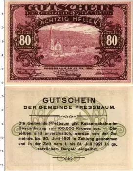 Банкнота 80 геллеров Австрии 1920 года Пресбаум