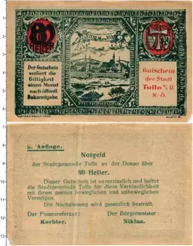 Банкнота 80 геллеров Австрии 1920 года Туллн
