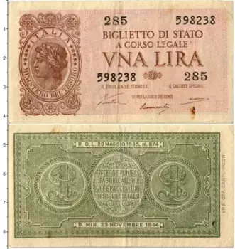 Банкнота лира Италии 1944 года Аллегория Италия