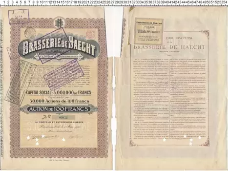 Банкнота Облигация Бельгии 1921 года Brasserie deHaecht