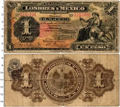 Банкнота песо Мексики 1914 года Банк Лондона и Мехико