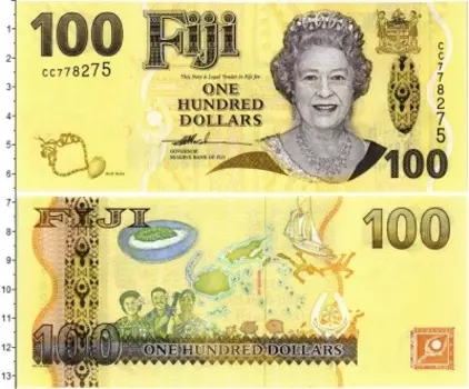 Банкнота 100 долларов Фиджи 2007 года Портрет Елизаветы II, ожерелье