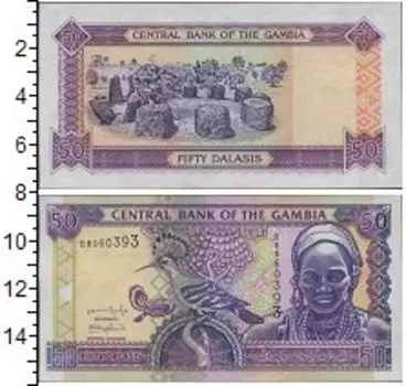 Банкнота 50 даласи Гамбии Гамбийская женщина, райский удод