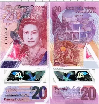 Банкнота 20 долларов Кариб 2019 года Пластик Елизавета II