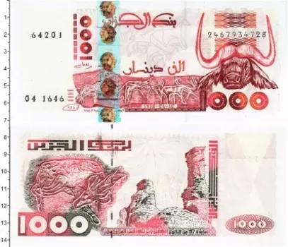 Банкнота 1000 динар Алжира 1998 года Голова буйвола,наскальные рисунки с плато Тассили-Аджер