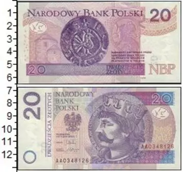 Банкнота 20 злотых Польши 2016 года скан банкноты приведен для примера состояния