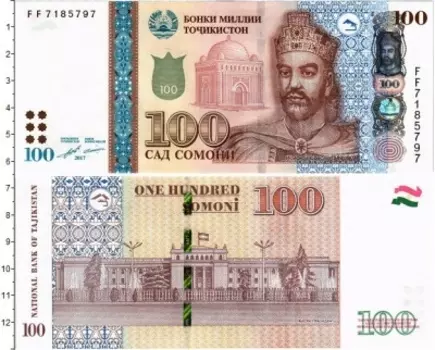 Банкнота 100 сомони Таджикистана 2017 года Абу Ибрахим Исмаил ибн Ахмад Самани