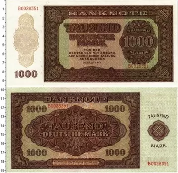 Банкнота 1000 марок Германии 1948 года Берлин
