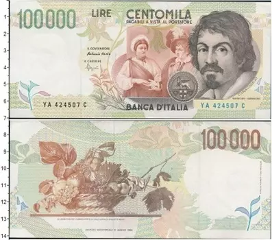 Банкнота 100000 лир Италии 1994 года Фрагмент картины «Гадание» (Микеланджело)