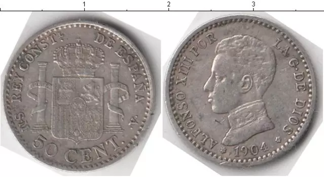 Монета 50 сентим Испании 1904 года Серебро Альфонсо XIII