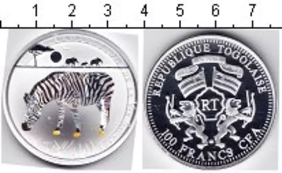 Монета 100 франков Того 2011 года Посеребрение Зебра