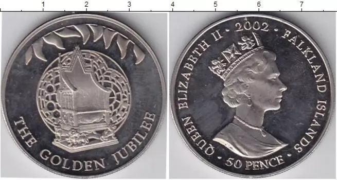 Монета 50 пенсов Фолклендских островов 2002 года Медно-никель Золотой юбилей