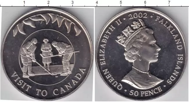 Монета 50 пенсов Фолклендских островов 2002 года Медно-никель Визит королевы в Канаду