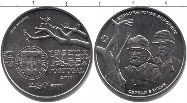Монета 2 1/2 евро Португалии 2011 года Медно-никель Европейские исследователи - Эрменежилду Капеллу и Роберто Ивенс