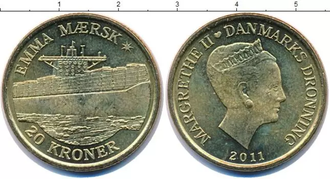 Монета 20 крон Дании 2011 года Латунь Королева Маргрете II