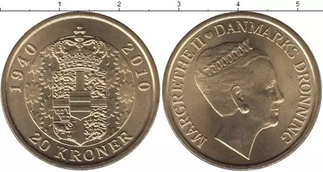 Монета 20 крон Дании 2010 года Латунь 70 - летие Королевы Маргрете II