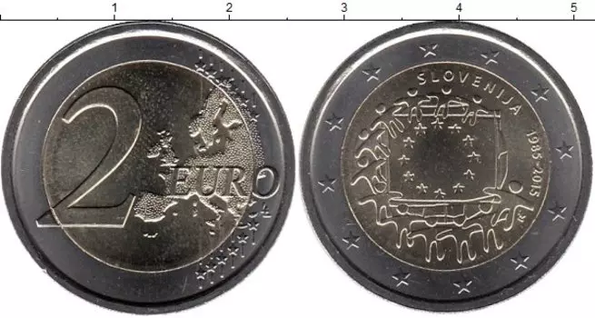 Монета 2 евро Словении 2015 года Биметалл 30 лет флагу